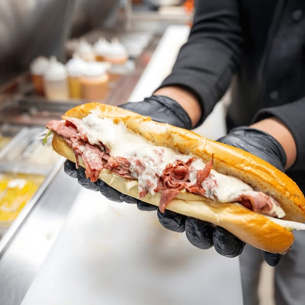 Hands in black gloves hold a Blazin' Grill cheesesteak sandwich with melted cheese and roast beef.
