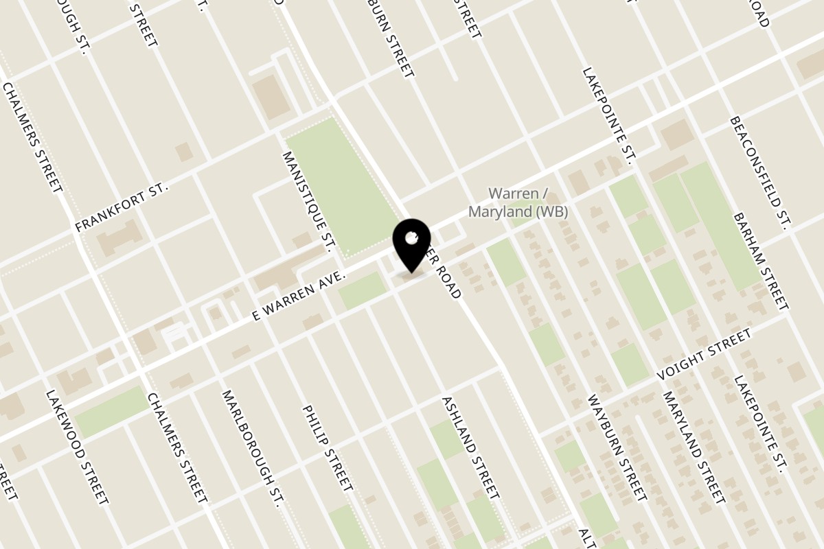 Map showing the location of Blazin’ Grill East Warren Avenue on 14822 E Warren Ave in Detroit