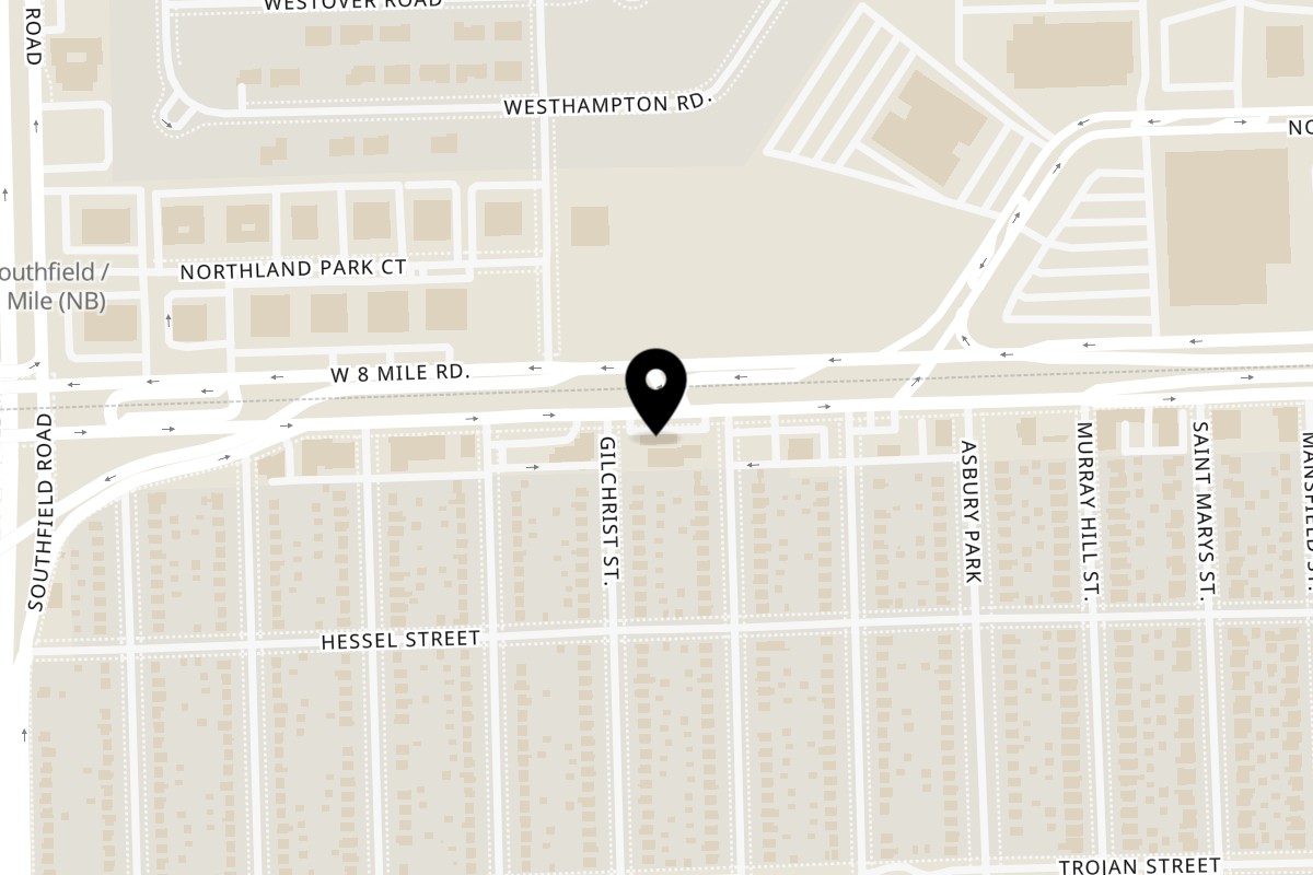 Map showing the location of Blazin’ Grill Eight Mile West on 17151 Eight Mile West in Detroit